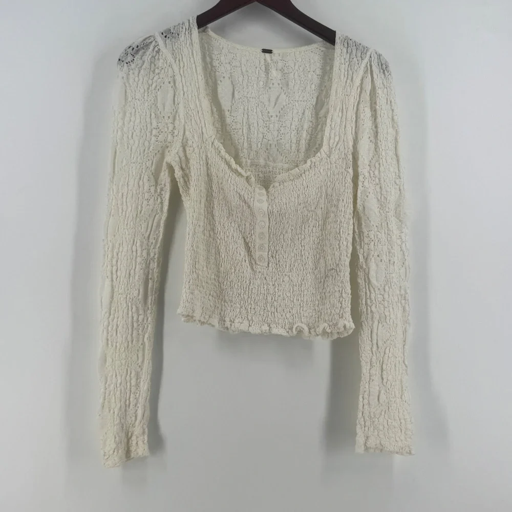 Free People Ivory Smocked Lace Long Sleeve Henley Top Scoop Neck Cream Size M
